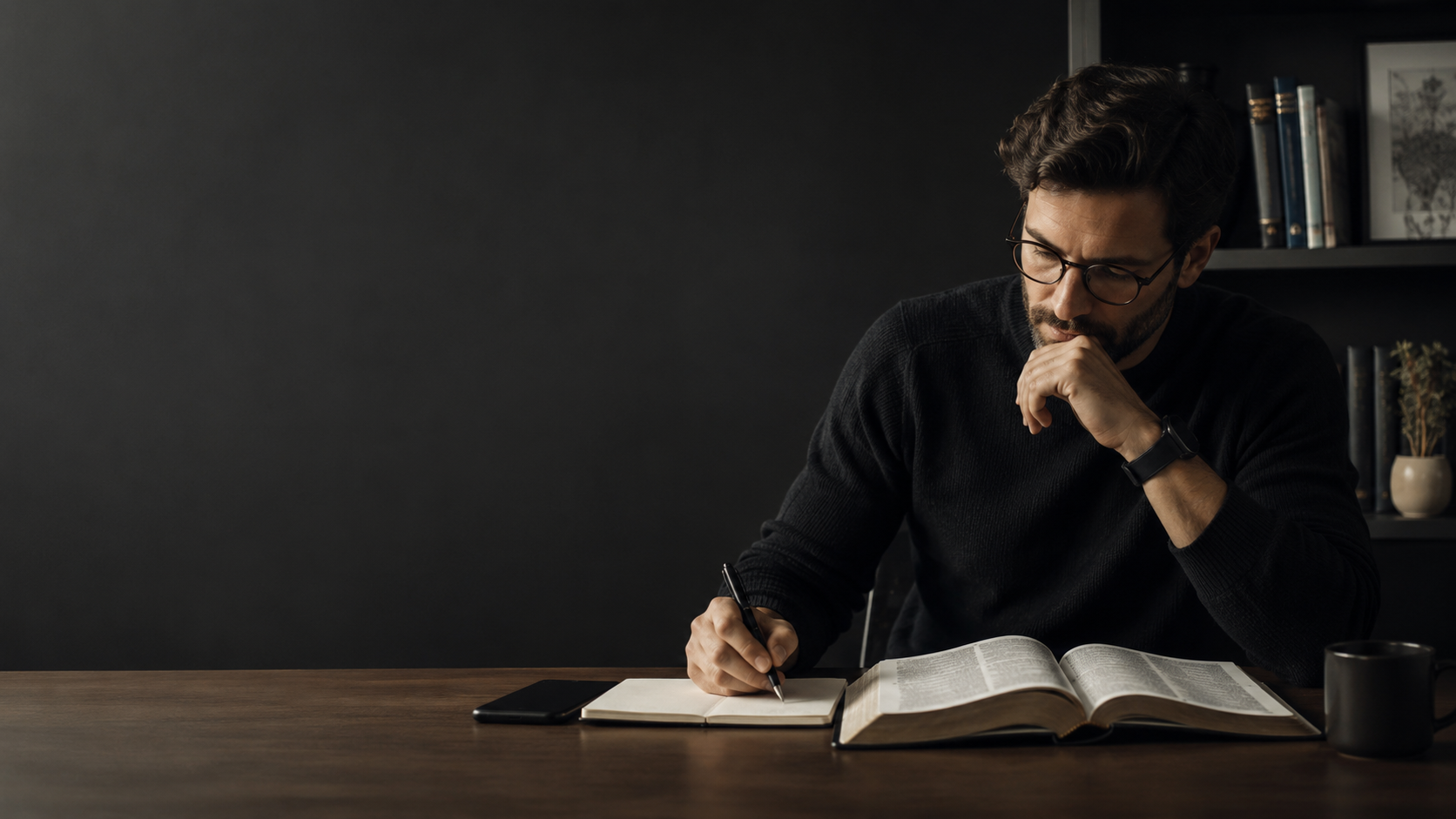 A man studying beside an open Bible in a dim, quiet study.